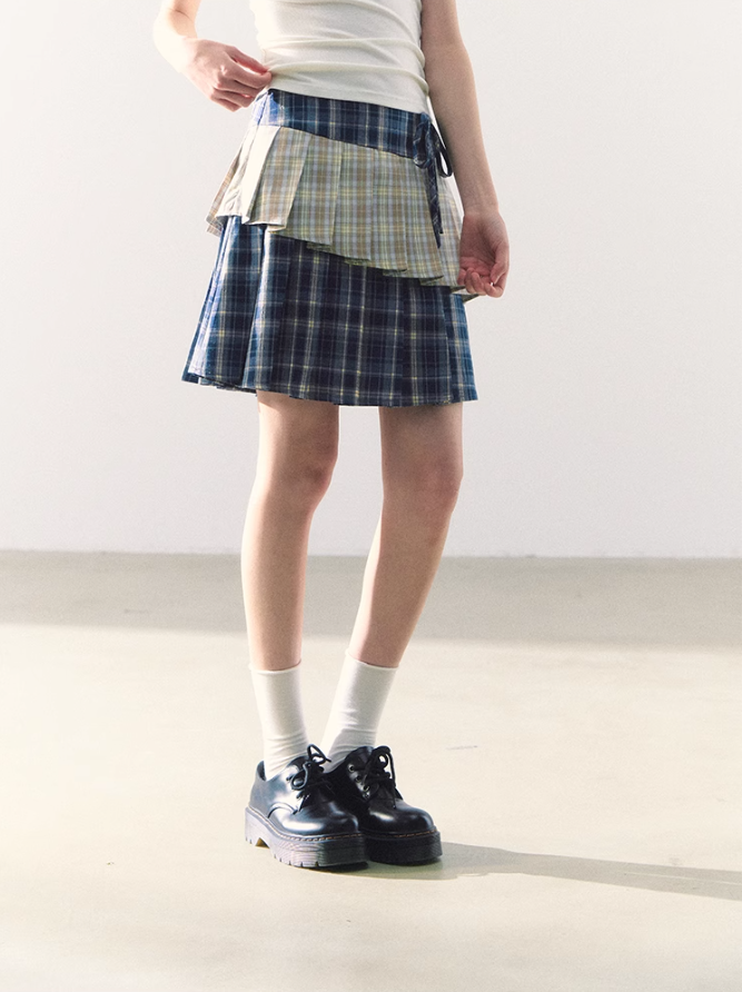 罐头粪便 - Preppy Gingham Patchwork Pleated Skirt – Asymmetric Mini Skirt