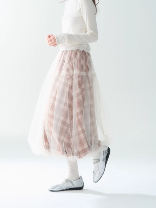 罐头士多所 - Layered Tulle Checkered Midi Skirt