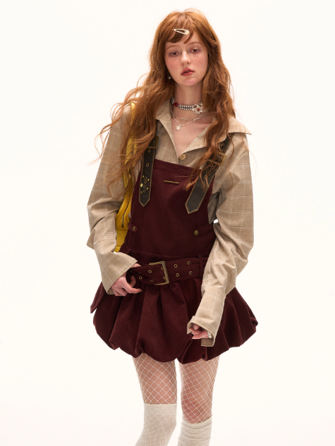 MAMC - Wine Red Corduroy Buckle Strap Mini Dress