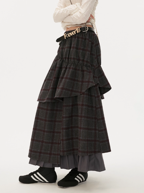 MAMC - Vintage Plaid Faux-Layered Midi Skirt