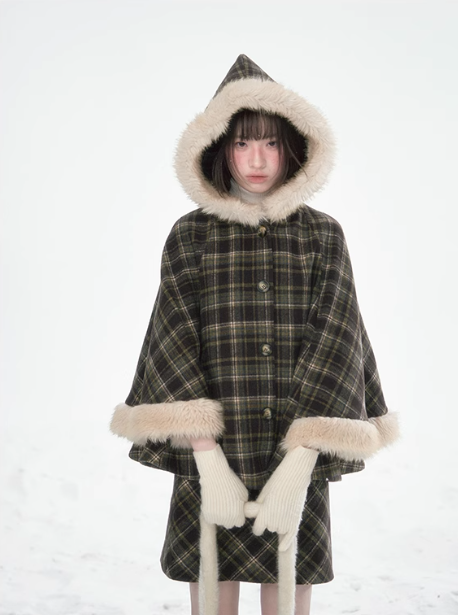 達淵如 - Plaid Cape With Fur Set