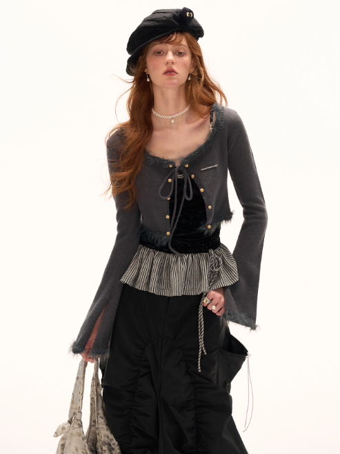 MAMC - Cropped Fuzzy-Trim Knit Cardigan