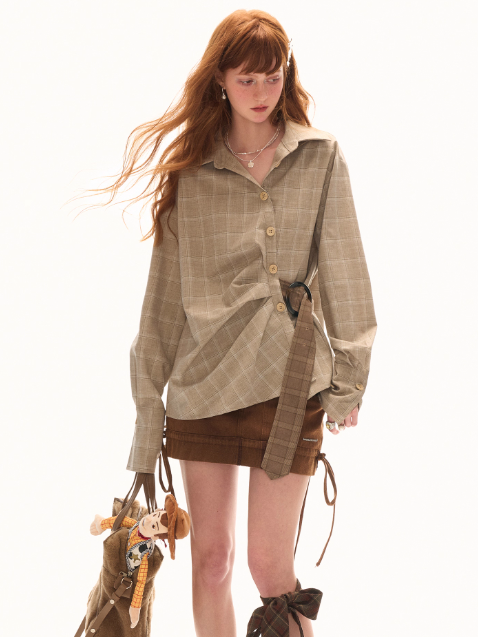 MAMC - Taupe Houndstooth Ring-Belt Shirt – Cinched Waist Fall Streetwear Blouse