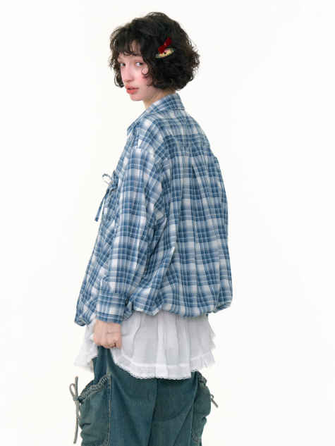 ZiziFei - Retro Plaid Puff Hem Shirt – Blue & White Checkered Y2K Button-Up
