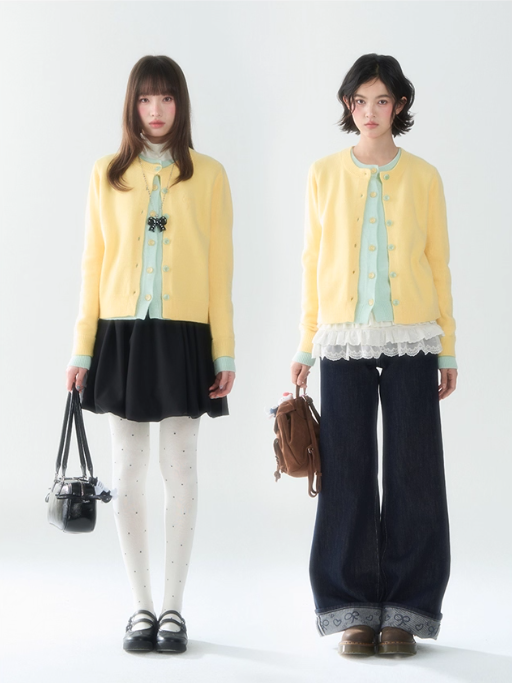 罐头士多所 - "Sugar Trap" Sweet Embroidered Faux Two-Piece Knit Cardigan