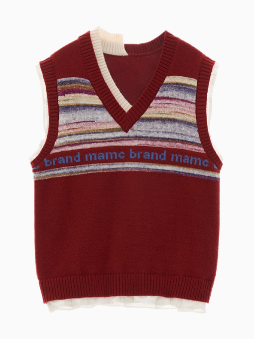 MAMC - Frill Glitch Striped Knit Vest – Red/ Coral Pink