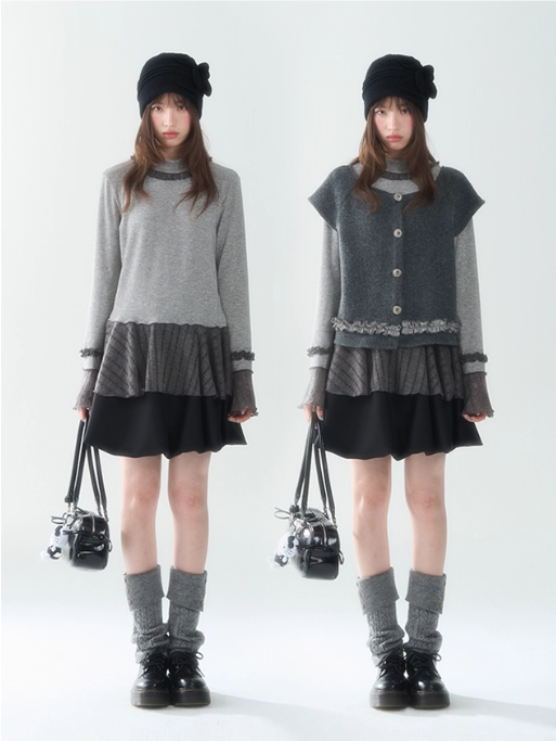 罐头士多所 - Soft Wave Contrast Color Ruffle Edge Knit Cardigan