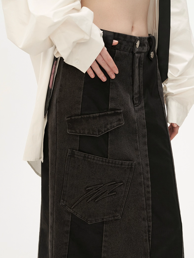 MAMC - Asymmetrical Denim & Faux Leather Panel Skirt