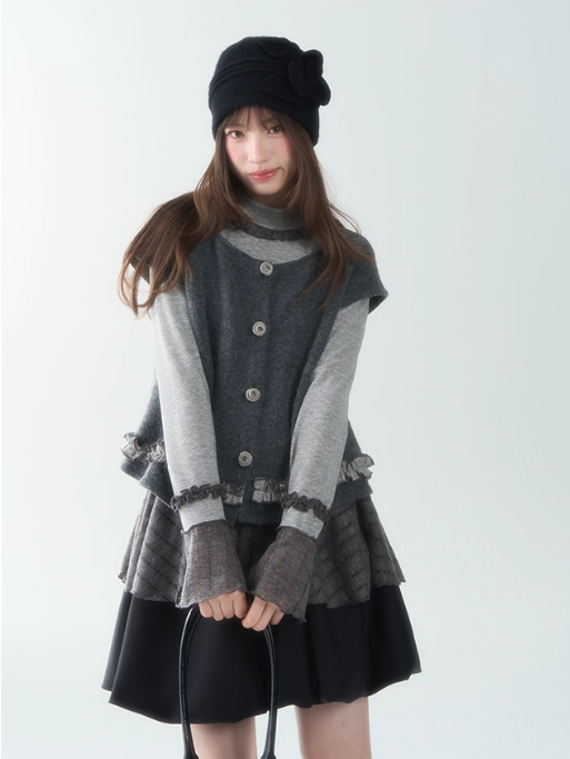 罐头士多所 - Soft Wave Contrast Color Ruffle Edge Knit Cardigan