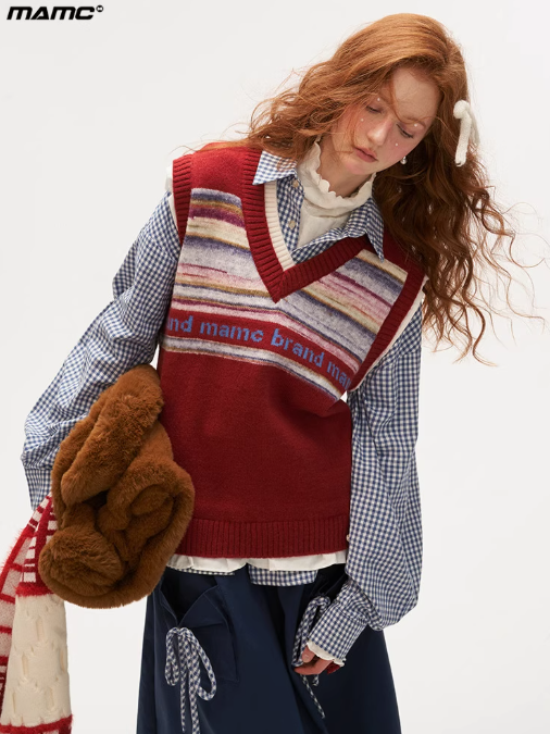 MAMC - Frill Glitch Striped Knit Vest – Red/ Coral Pink