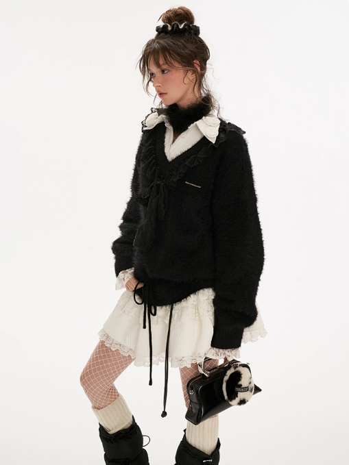 MAMC - V-Neck Ruffle Ribbon Knit Sweater