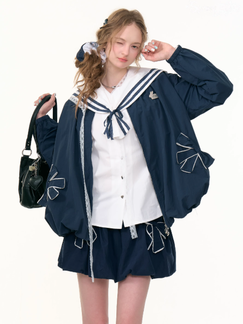 ZiziFei - Navy Sailor Zip-Up Jacket – Sporty Y2K Windbreaker with Bows
