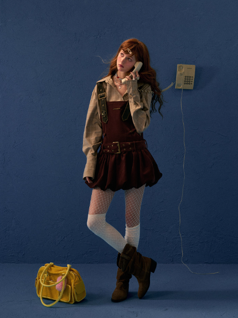 MAMC - Wine Red Corduroy Buckle Strap Mini Dress