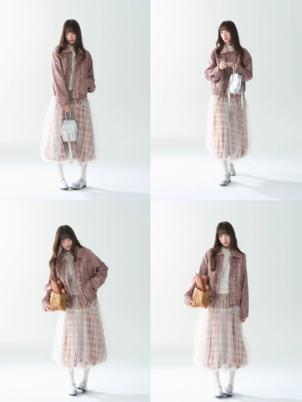 罐头士多所 - Layered Tulle Checkered Midi Skirt