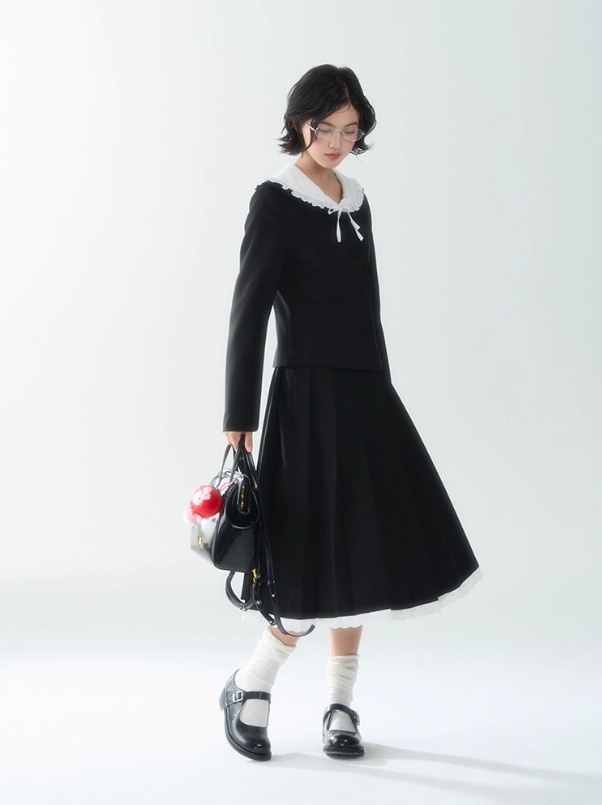 罐头士多所 - "Autumn Scholar" Embroidered Waist-Cinching Collar Coat & Black Skirt Set