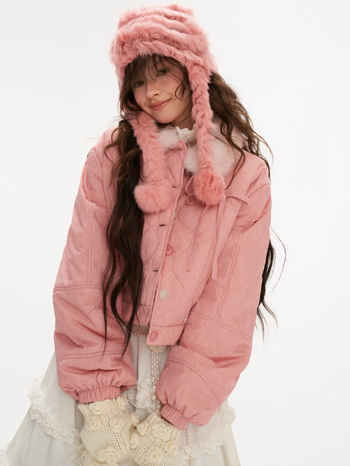 MAMC - Pink Quilted Faux Fur Bomber Jacket with Ribbon Detail