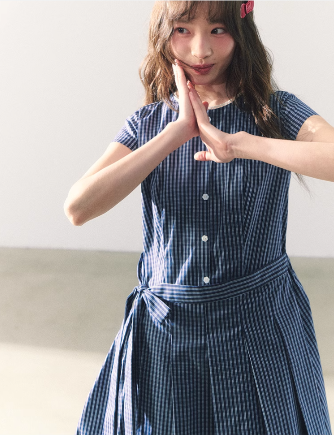 罐头粪便 - Summer Picnic Gingham Mini Dress – Short Sleeves & Waist Tie Detail