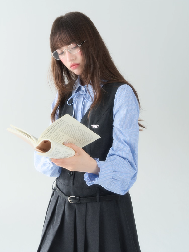 罐头士多所 - "Blue Elegance" Color-Blocked Pleated Long Sleeve Dress