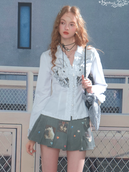 ZiziFei - White Bunny Graphic Blouse – Slim Fit Retro Y2K Long Sleeve Shirt