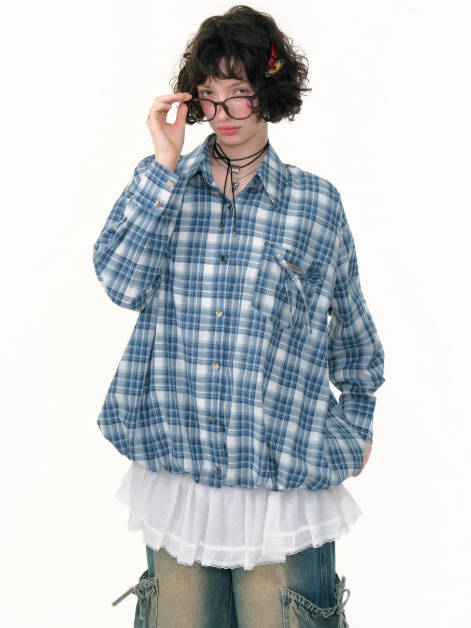 ZiziFei - Retro Plaid Puff Hem Shirt – Blue & White Checkered Y2K Button-Up