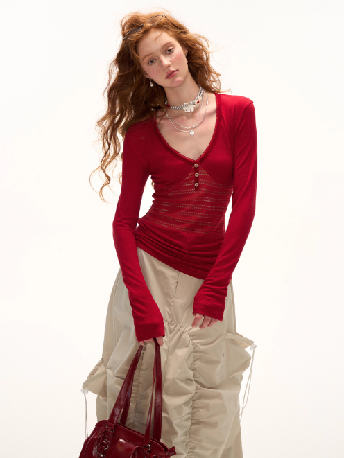 MAMC - Hollow-Out Panel V-Neck Slim Fit Top
