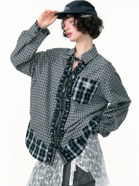 ZiziFei - Vintage-Inspired Black & White Plaid Ruffle Shirt