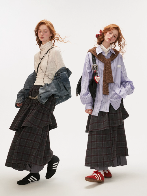 MAMC - Vintage Plaid Faux-Layered Midi Skirt
