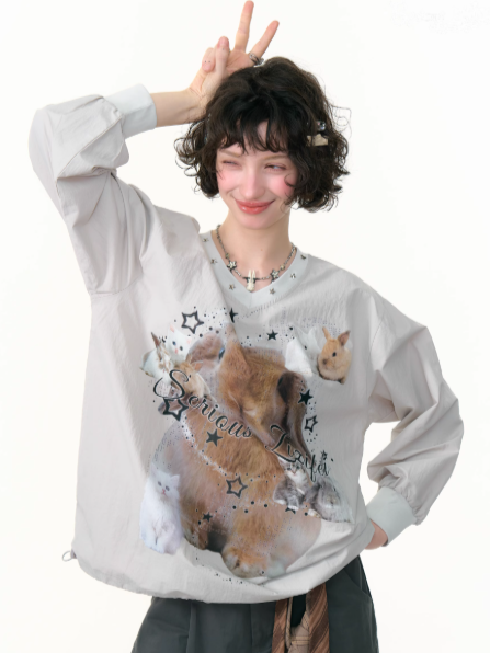 ZiziFei - Cat & Bunny Graphic V-Neck Sweatshirt – Studded Retro Thin Pullover