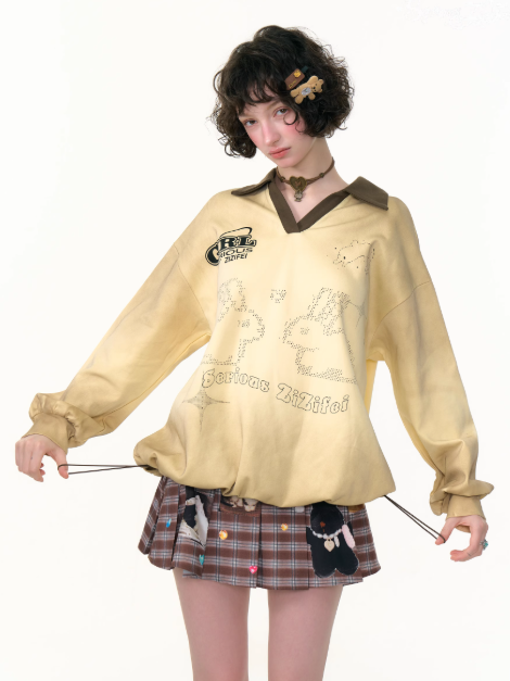 ZiziFei - Y2K Gradient Bunny V-Neck Sweatshirt – Polo Style Drawstring Pullover