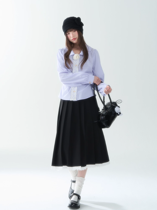 罐头士多所 - "Purple Whisper" Autumn Striped Lace Trim Long Sleeve Shirt