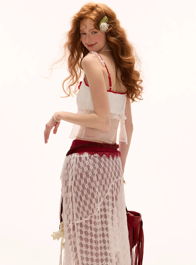 MAMC - White Sheer Lace Layering Apron – Adjustable Tie-Waist Summer Overlay