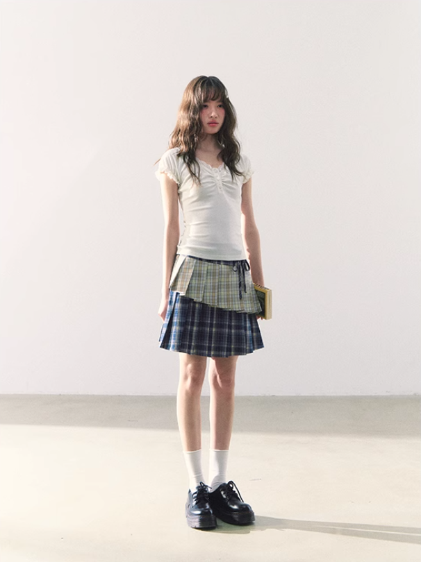 罐头粪便 - Preppy Gingham Patchwork Pleated Skirt – Asymmetric Mini Skirt