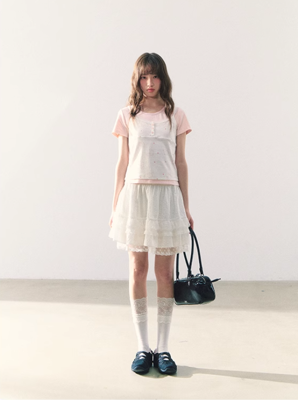 罐头粪便 - Sweet Bow Waist Design Multi-Layer Lace A-Line Skirt