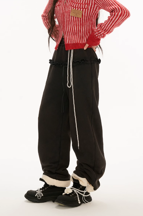 MAMC - Black Panelled Straight-Leg Pants – Ruffle Trim