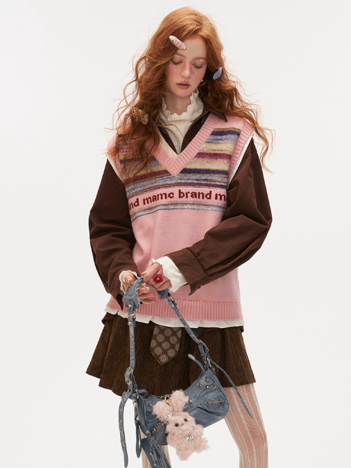 MAMC - Frill Glitch Striped Knit Vest – Red/ Coral Pink