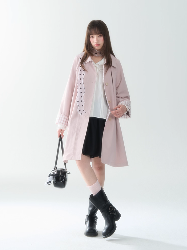 罐头士多所 - Peach Cream Plaid Trench Coat
