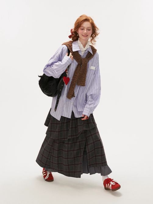 MAMC - Vintage Plaid Faux-Layered Midi Skirt