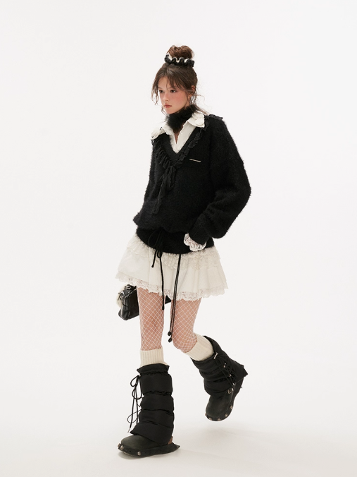 MAMC - V-Neck Ruffle Ribbon Knit Sweater