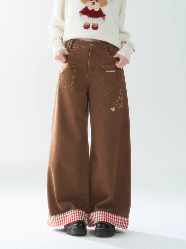 罐头士多所 - "Caramel Teddy" Embroidered Patchwork Pants