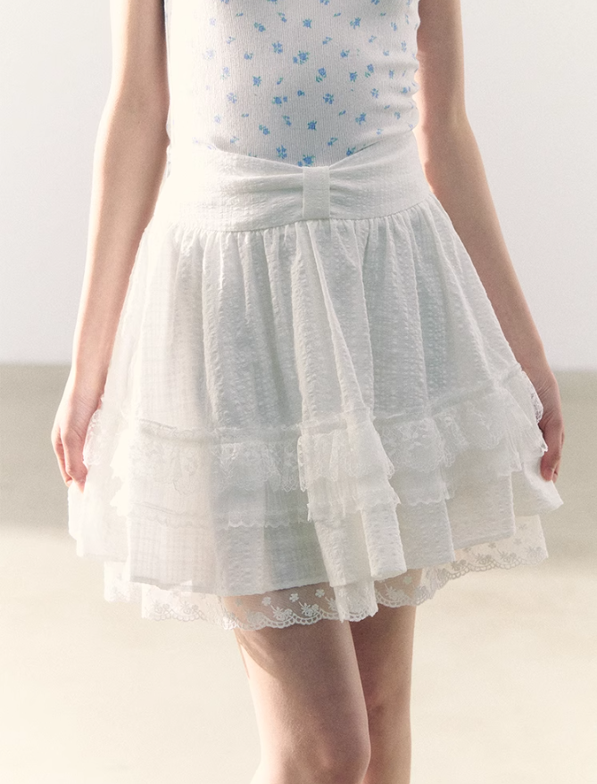 罐头粪便 - Sweet Bow Waist Design Multi-Layer Lace A-Line Skirt