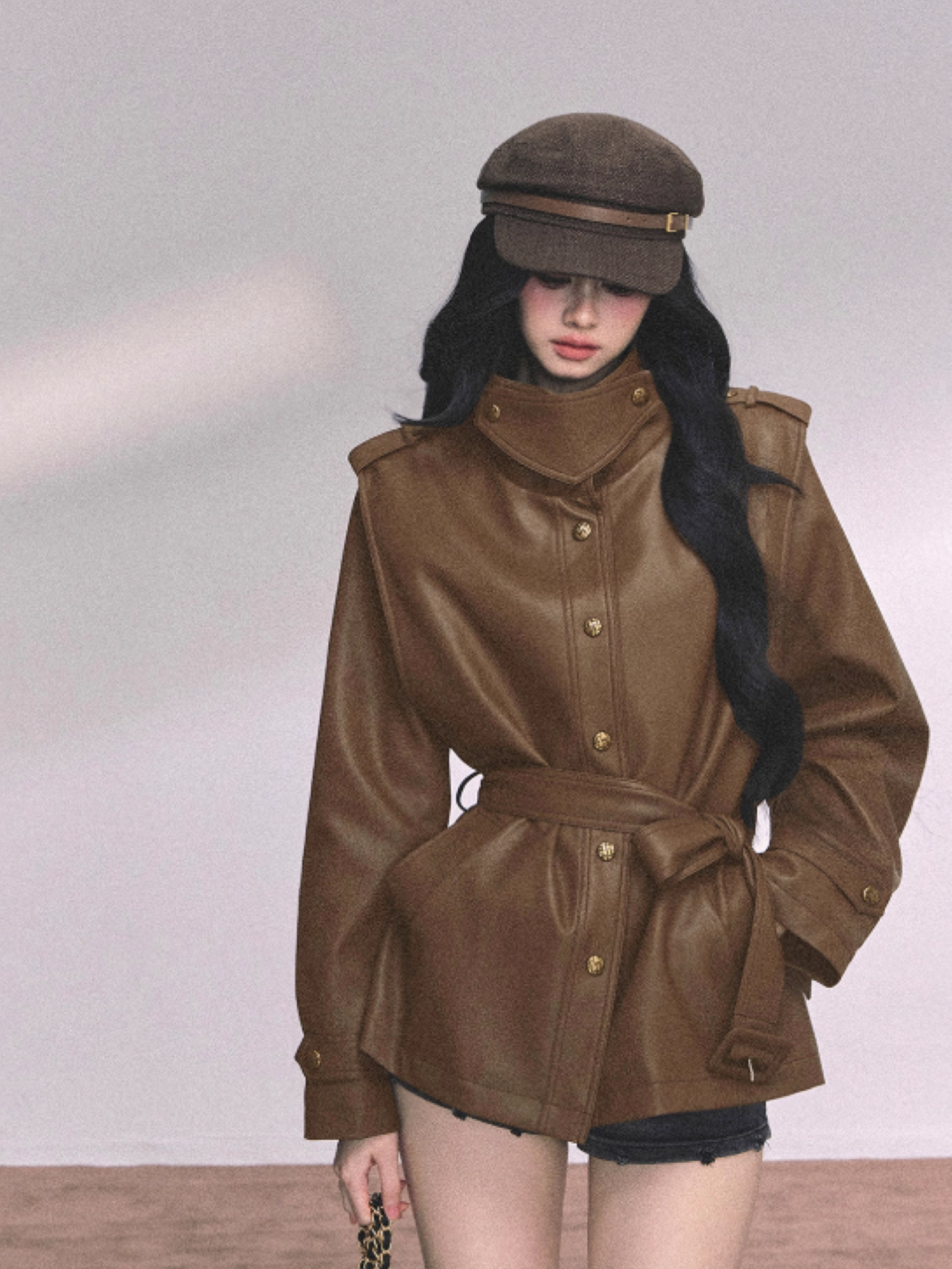 "英区时差" American Cool Girl PU Leather Jacket – Black/ Coffee
