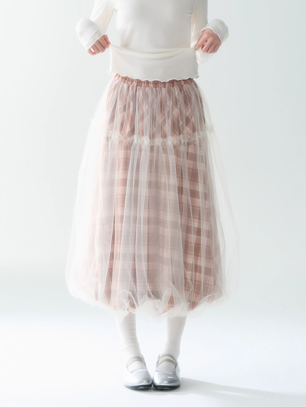 罐头士多所 - Layered Tulle Checkered Midi Skirt
