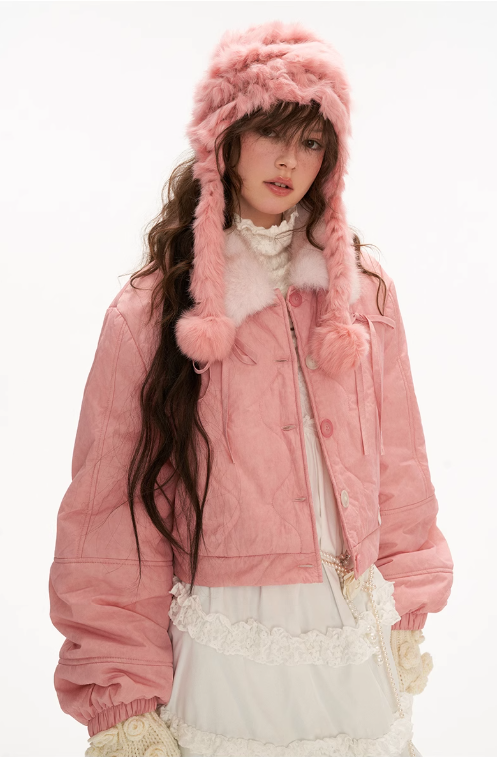 MAMC - Pink Quilted Faux Fur Bomber Jacket with Ribbon Detail