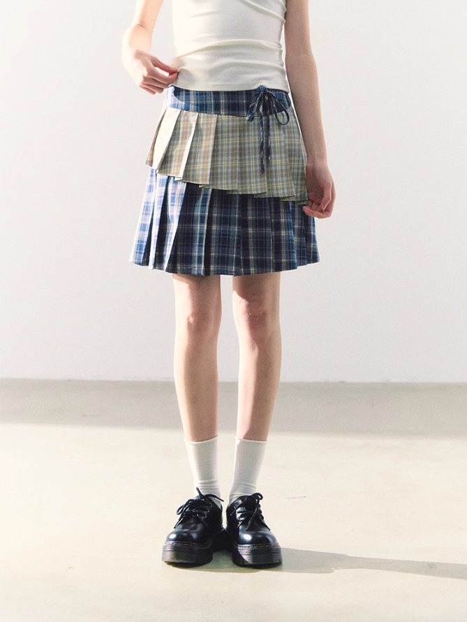 罐头粪便 - Preppy Gingham Patchwork Pleated Skirt – Asymmetric Mini Skirt