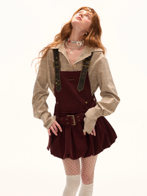 MAMC - Wine Red Corduroy Buckle Strap Mini Dress