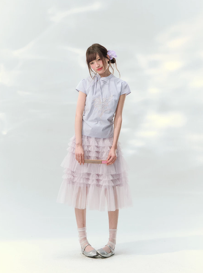 “Taro Peach Layers” Dusty Lilac Tiered Tulle Midi Skirt