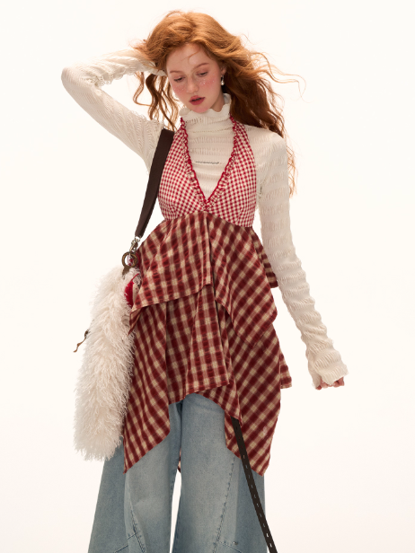MAMC - Red Plaid Layered Slip Dress – Asymmetrical Fall Streetwear Mini