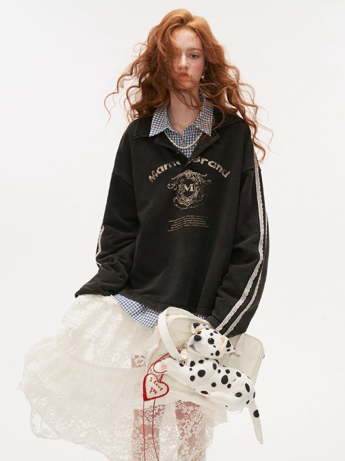 MAMC - Washed Lace-Collar Polo Sweatshirt