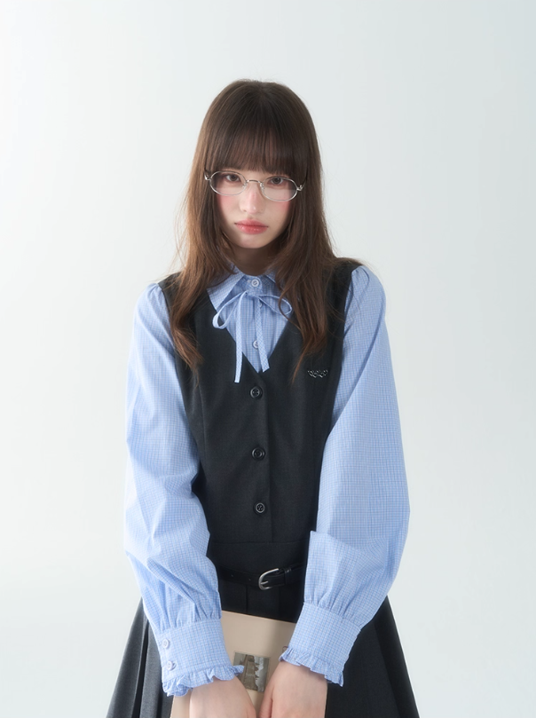 罐头士多所 - "Blue Elegance" Color-Blocked Pleated Long Sleeve Dress
