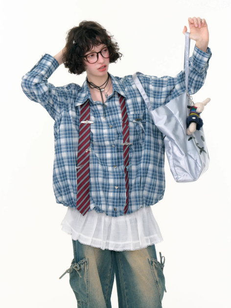 ZiziFei - Retro Plaid Puff Hem Shirt – Blue & White Checkered Y2K Button-Up
